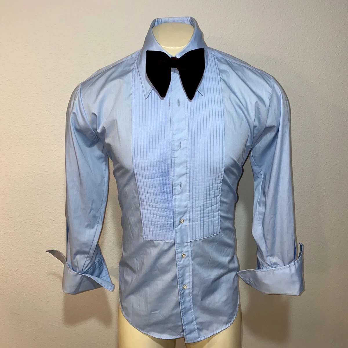 Vtg 70s Tuxedo Shirt AFTER SIX Baby Blue Ruffles TUX Dress Prom Mens 14.5  31 32