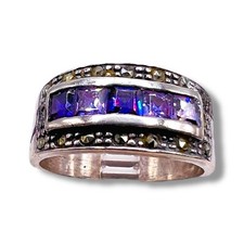 Vintage Natural Marcasite Purple CZ 925 Sterling Silver Band Ring Size 6.75