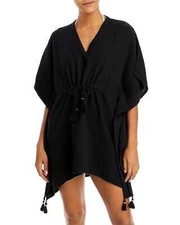 $125 Echo X2641 Gauze Caftan Flutter Sleeve Swim Cover-up Tunic, Black, One Size