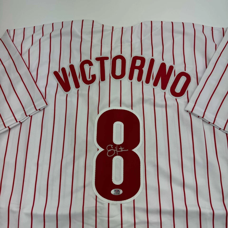 Camiseta a rayas autografiada/firmada de Shane Victorino Philadelphia certificado de autenticidad PSA Foto 2 de 4