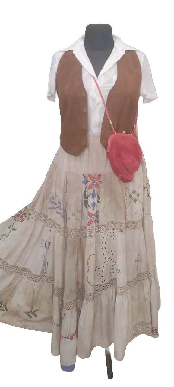 Gonna Vintage Skirt Jupe Maxi Lino Ricamata Mano Patchwork Della Nonna