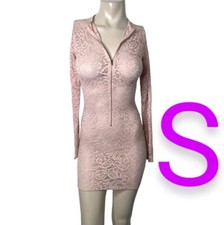 🆕Mauve Pink Front Zipper Lace Sheer Long Sleeve Mini Dress~Size S