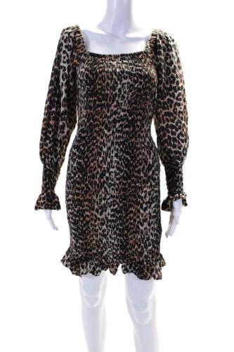 Ganni Womens Off Shoulder Smocked Leopard Print D… - image 1