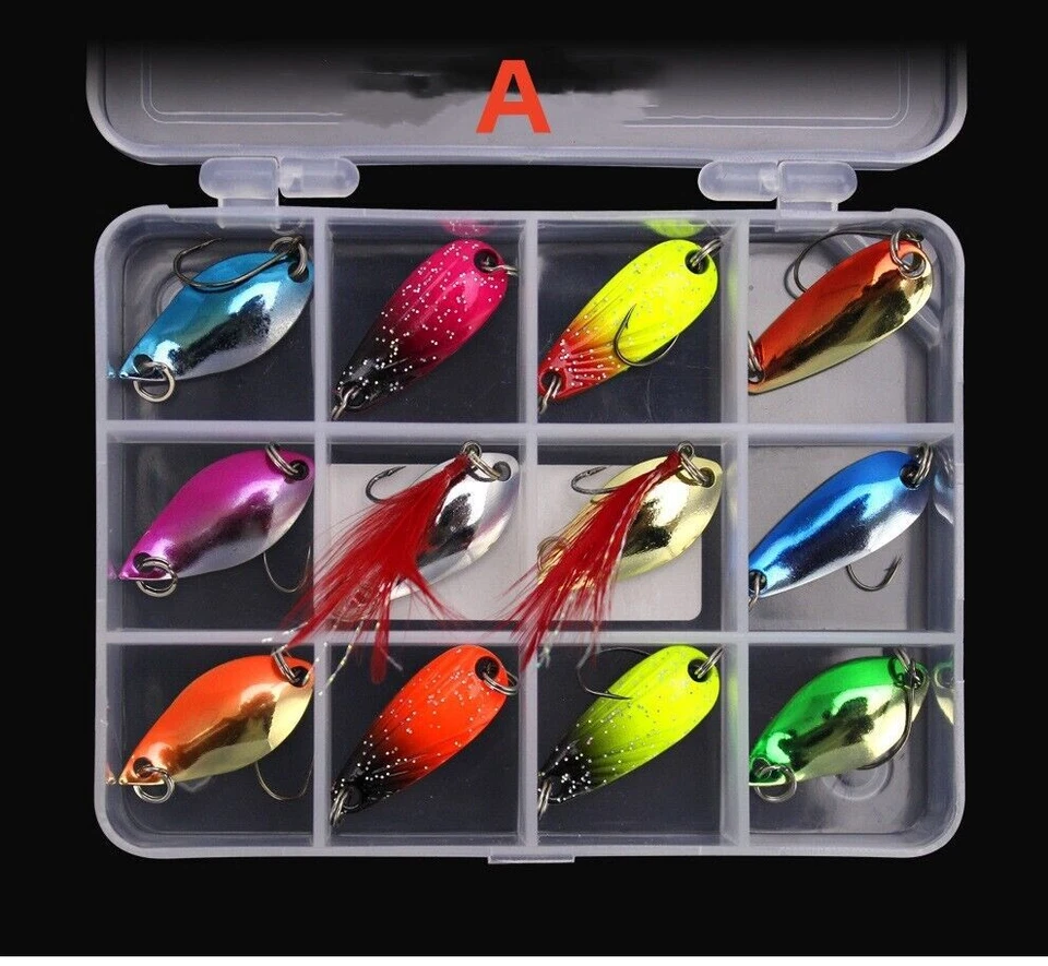 12 piezas Señuelo de pesca de metal trucha cuchara señuelo lubina spinnner cebos ganchos de plantilla 2,5 g-3 g Foto 2 de 4