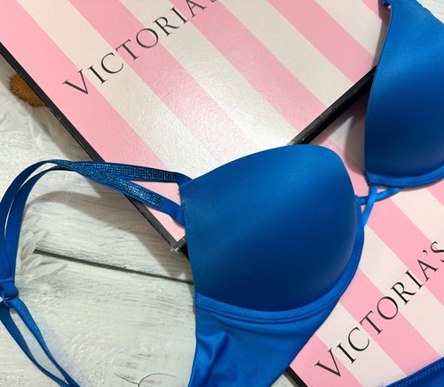 Victoria's Secret Shine Strap Bombshell Push Up Bra 2 piece Set Blue - Picture 4 of 5