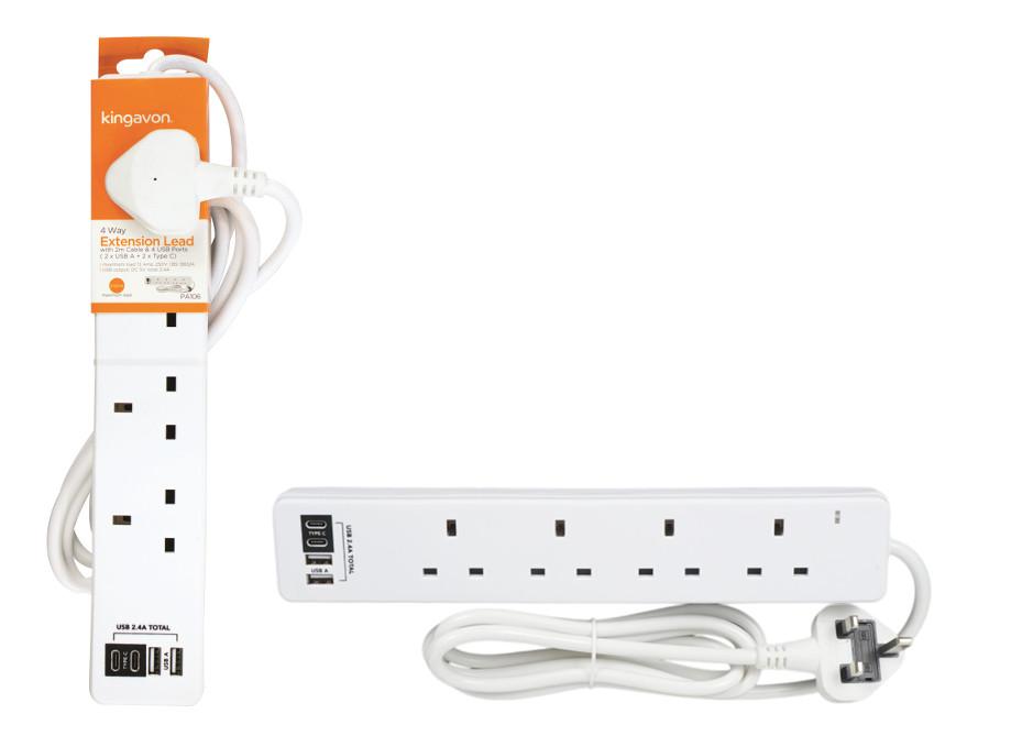 4 Way Extension 2M Lead 4 USB PORTS Socket Extension Cable single Gang Power