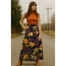 Vtg 1970s Floral Print Slit Maxi Skirt Colorful Bohemian Mod Hippie Flower Power