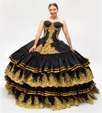 Vestido de Lujo Negro Y Dorado Vestidos De 15 Quinceañera Mexicano Charro Encaje