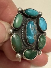 Old Vintage 1940s NATURAL TURQUOISE CLUSTER Sterling Silver RING size 7.75 Pawn