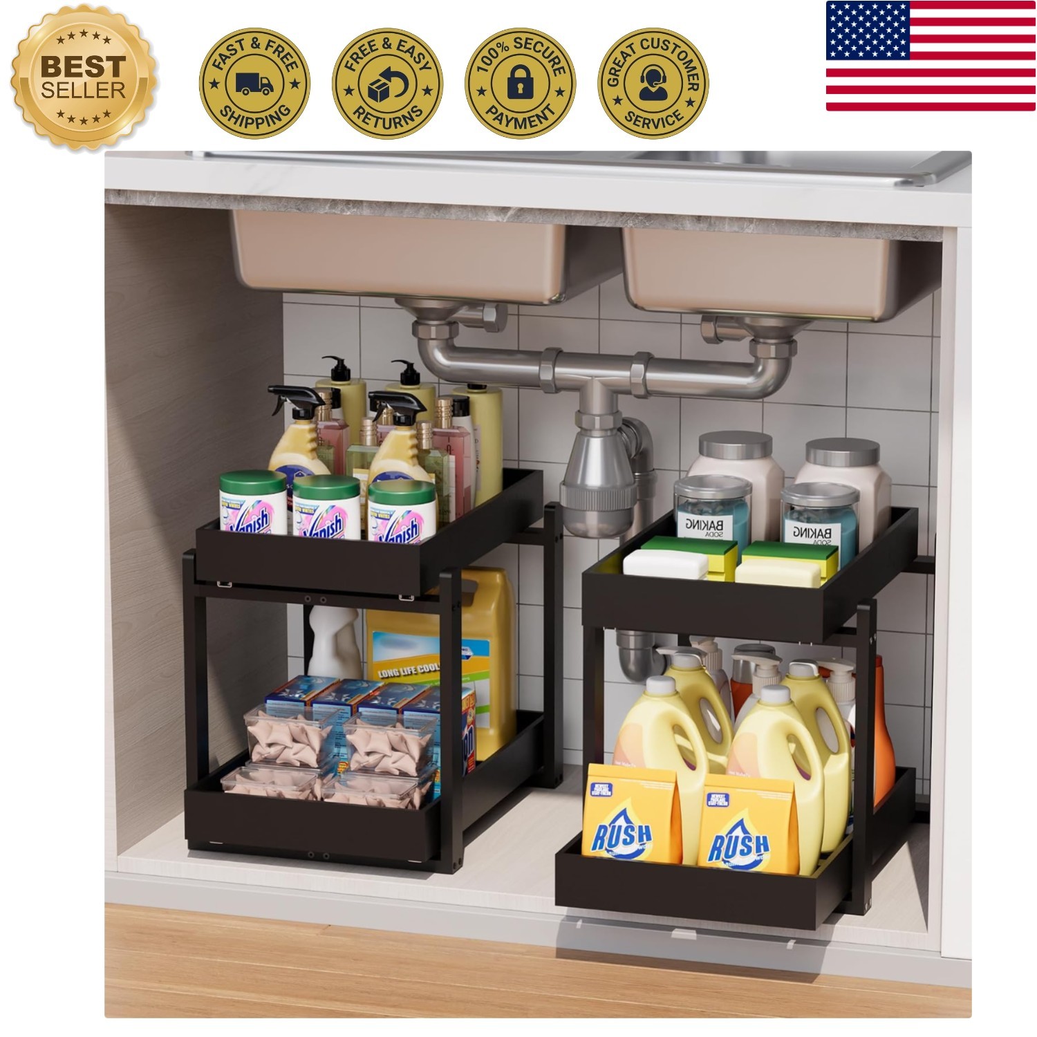 Bamboo Under Sink Organizer 2-Pack: Elegant 2-Tier Storage with Sliding Drawers