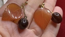 Vintage Original Pair Of Real Amber Leaf And Berry Design Pendant Earrings