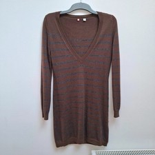 uniqlo long jumper wool blend small knit tunic v neck brown striped long sleeve