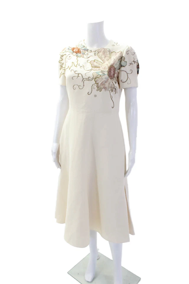 Vestido blanco bordado floral metálico manga corta Valentino para mujer talla 6 Foto 2 de 4