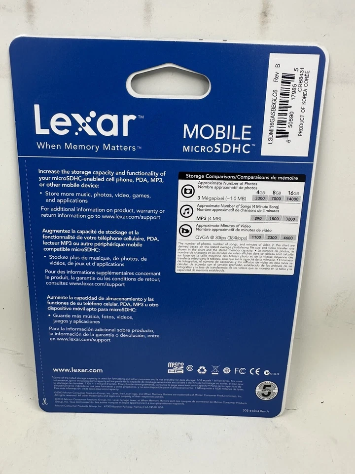 Lexar Mobile Micro SDHC 16GB For Cell Phone PDA MP3 New In Package - Image 2 of 2