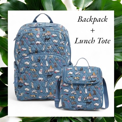 Vera Bradley Backpack + Lunch Tote Cooler Bag Kitty Cat Print Laptop Travel NWT