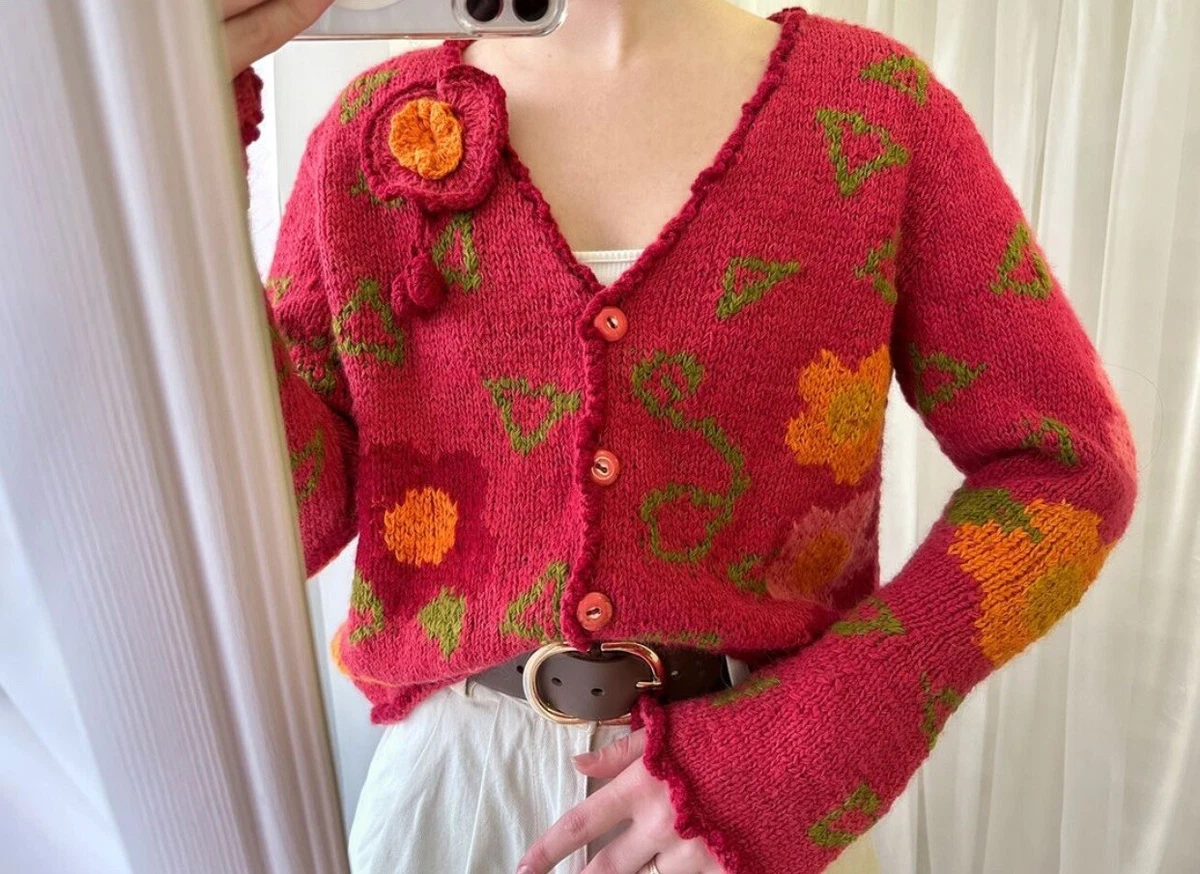 AMANO Hand Knit Wool Floral Cardigan Sweater Size S/M Bolivia