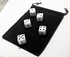 set of 5 Dice, 16mm Acrylic, black dots on White w/ black velvet drawstring bag