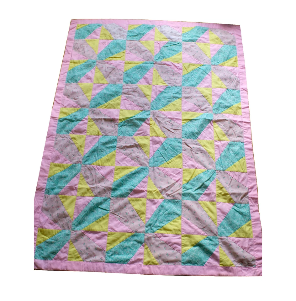 Quilt Patchwork Blanket Hand Made Pastel Colors Geometric Crib Picnic Sz Vintage - Image 3 of 4