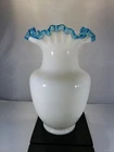 Rare 10.5 " Fenton Glass Blue Crest Milk Glass Vase Ruffled Edge