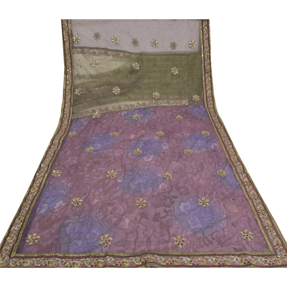 Sánscrito Sánscrito Vintage Púrpura/Verde Bordado Red Malla Tela Lino Foto 2 de 4