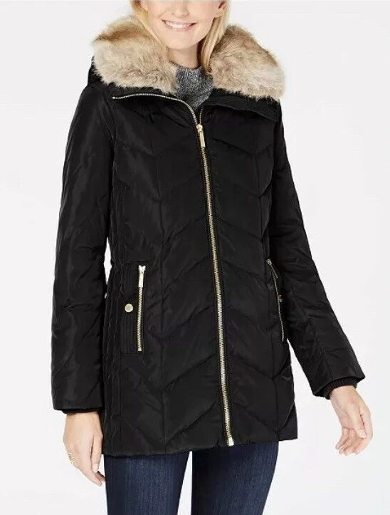 Michael Kors puffer cappotto cappuccio pelliccia sintetica colletto piumino nero XXS $280 nuovo con etichette