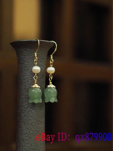 Pendientes de flores de jade verde plata 925 natural dije tallado joyería para mujeres - Imagen 4 de 4
