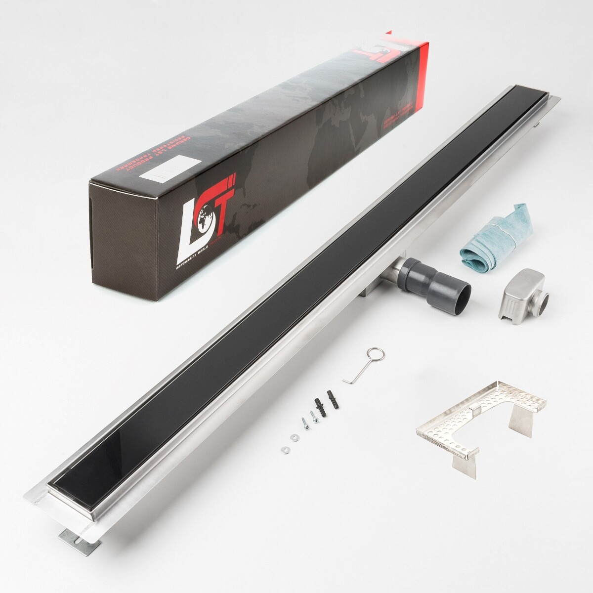 Desagüe de Ducha Cristal Negro 1200x70mm Canalón Con Acero Inox. Sifón Haarsieb