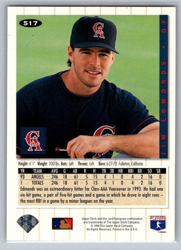 1994 UD Collectors Choice Jim Edmonds #517 - Picture 2 of 2