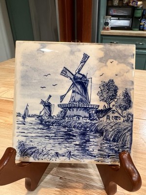 G Hand Painted Delft Ceramic Decorative Tile 4.25 in Holland Windmill Scene