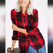 Style & Co. Button Front Plaid Festive Blouse Small Petite NWT
