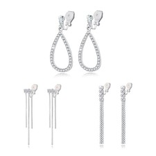 3Pair Clip on Earrings for Women Non Pierced Silver Long Tassel/Teardrop Crystal