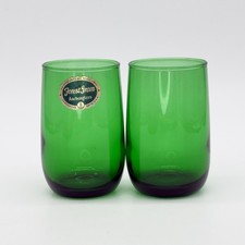 Anchor Hocking Forest Green Roly Poly Tumblers Set Of 2 Vtg Glasses w/Sticker
