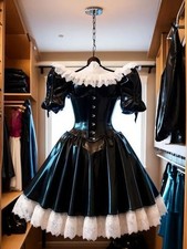 Shiny Black PU Maid Short Wedding Dresses Lace Corset Rococo Lolita Cosplay