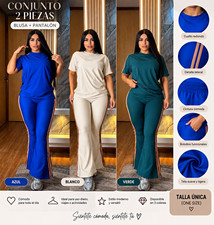 Women's 2-Piece Knit Athleisure Set Crew Neck Tee Flared Pants Pockets OS