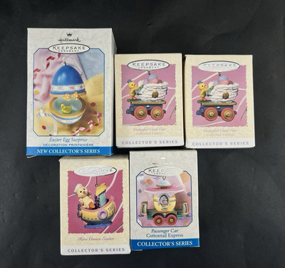 Vtg Keepsake Hallmark Here Comes Easter, Colorful Coal Car Ornaments Lot of 5
