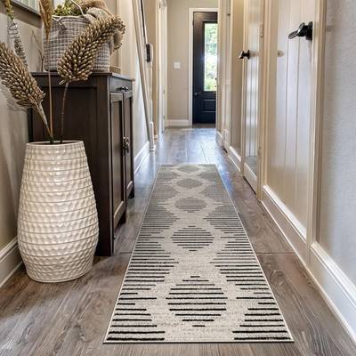 Abstract Cream Indoor Runner Rug for Hallway, Entryway, Kitchen 2'3'' x 12