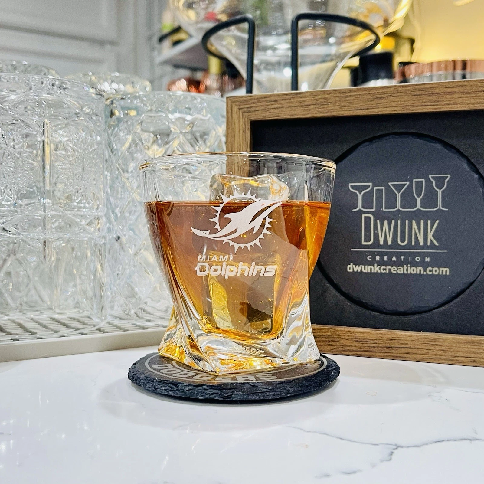 Engraved Miami Dolphins Whiskey Glass - Twisted Whiskey Glasses