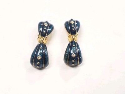 Designer Dianna Clip-On Dangle Earrings Gold Tone Metal Blue Enamel Clear Jewels