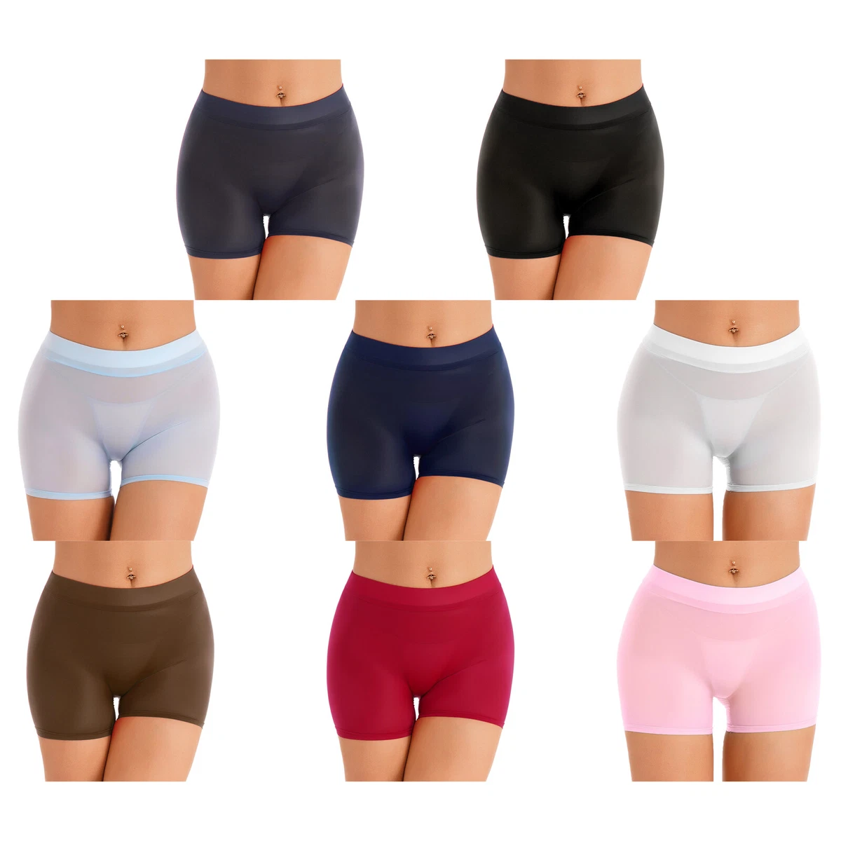 Womens See-through Stretchy Boxer Shorts Glossy Low Rise Underwear Safety  Shorts