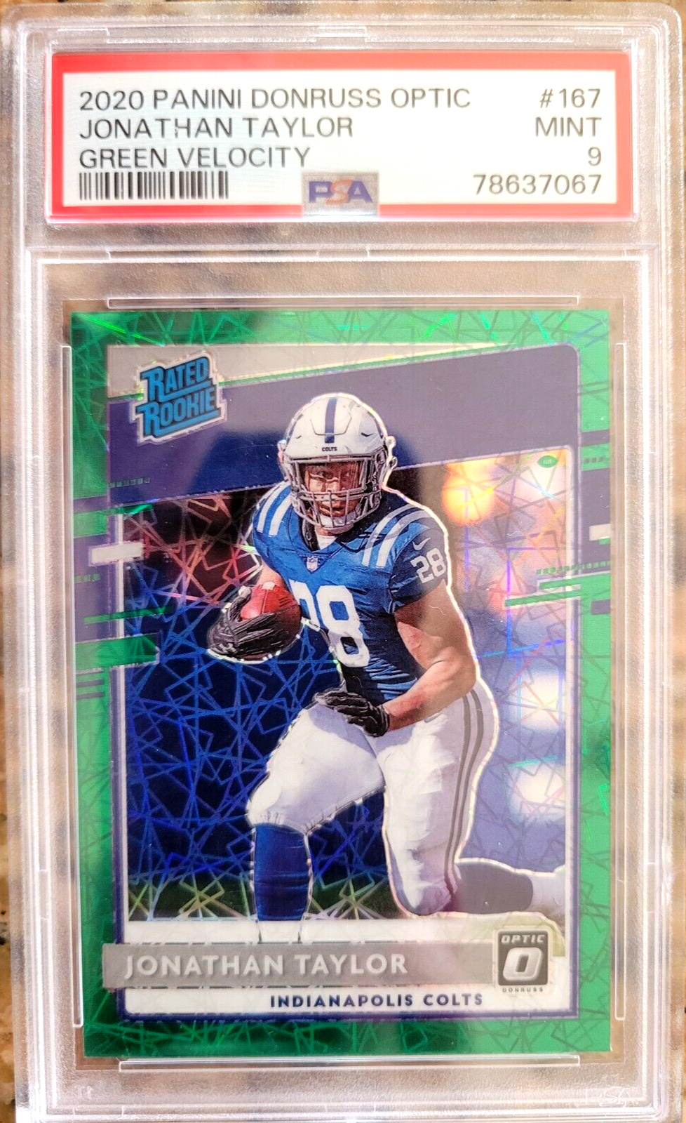 Jonathan Taylor 2020 Panini Donruss Optic Green Velocity Prizm #167 Rookie PSA 9