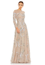 MAC DUGGAL 5217 LONG SLEEVE EMBELLISHED ILLUSIONS NECK NUDE GOWN sz 8