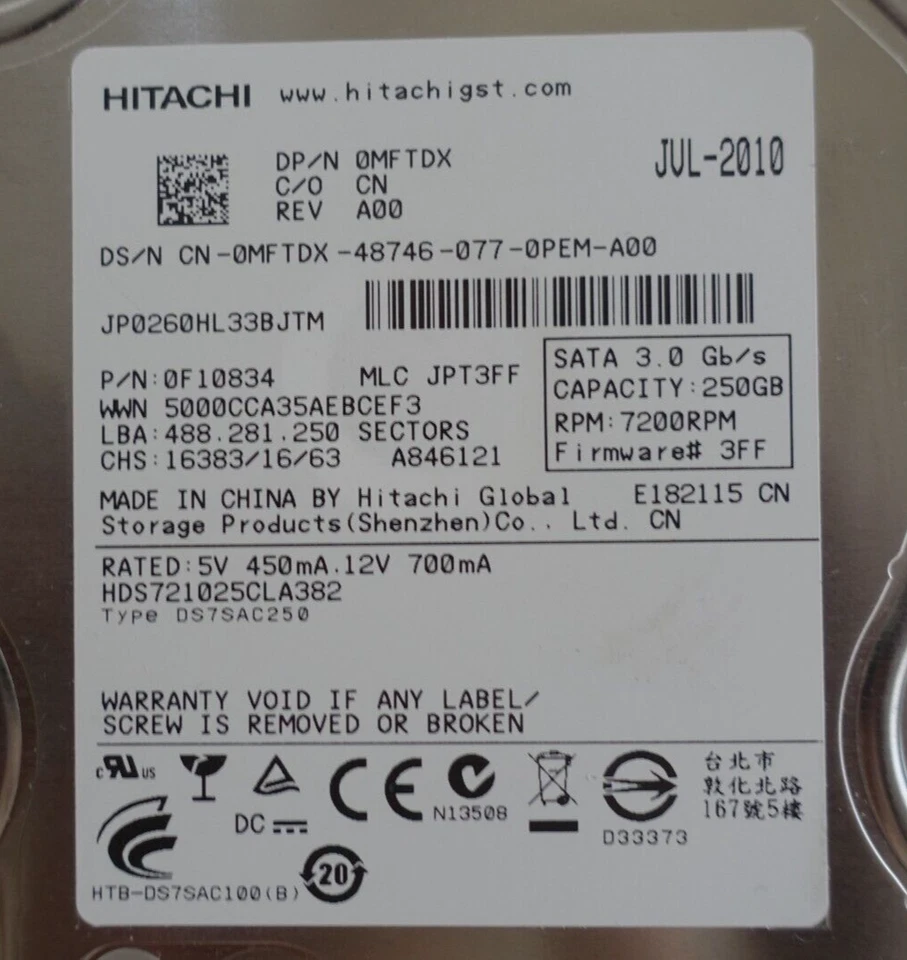Hitachi 250GB SATA 300 - 3Gbps 8MB 7200 RPM 3.5" Hard Drive HDD, Tests Good! - Image 3 of 3