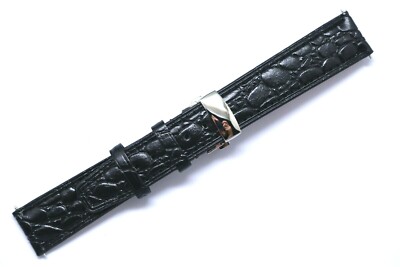 18mm Black Thin Leather Croco Embossed Watch Strap Silver Push Button Clasp