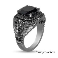 3.50CT Cushion Cut Real Black Onyx Engagement Wedding Ring 14K Black Gold Finish