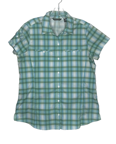 Eddie Bauer Button Up Shirt Women Sz L Short Sleeve Stretch Plaid Pocket Outdoor