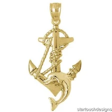 New 14k Yellow Gold Anchor with Dolphin Pendant