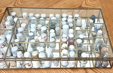 Collection 97 Vintage Thimbles & Case Pewter  Glass Porcelain Miscellaneous