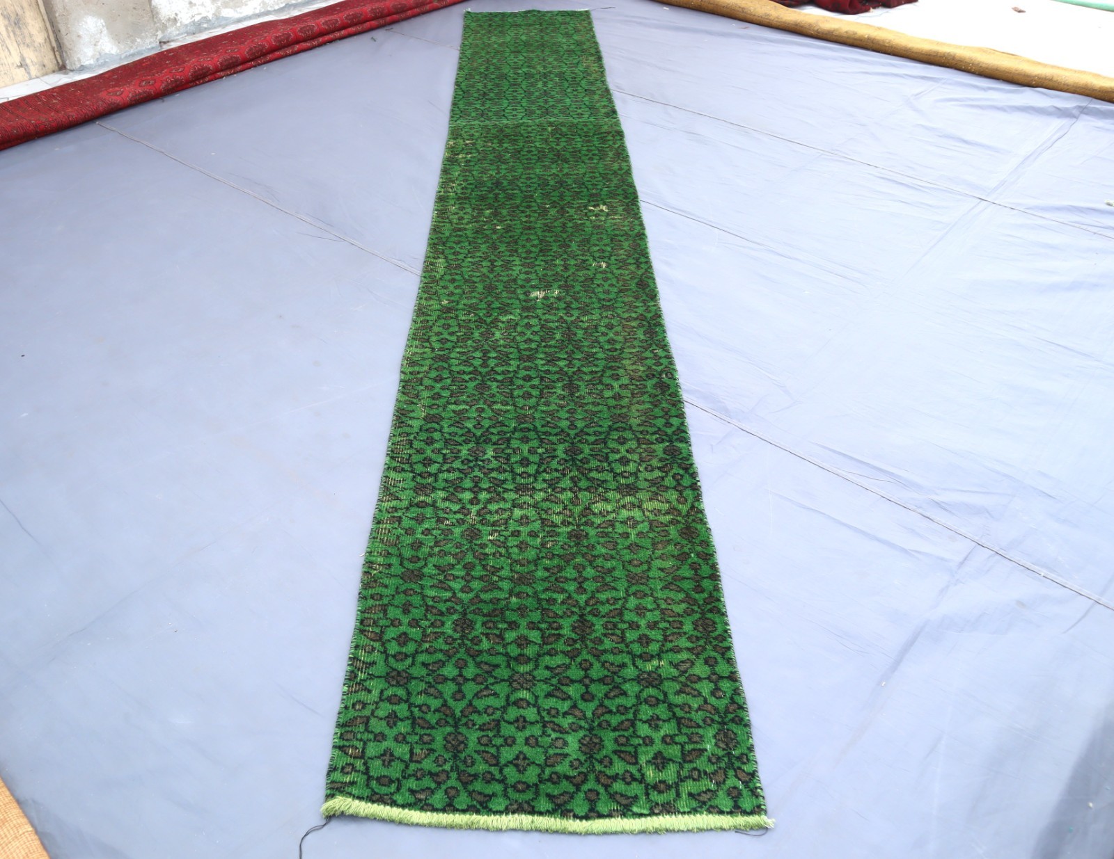 Alfombra Corredor Verde 2'2x13'8 ft Alfombra Corredor Estrecha Anudada a Mano Afgana