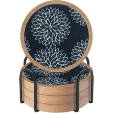 Wood Coasters Set of 4 with Holder Cewiru Cup Mat for Drinks, Absorbent Felt