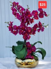 Purple Orchid Artificial Flower Arrangement in Gold Vase Centerpiece